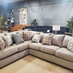 Beautiful Beige L Shape Fabric Sectional With Pillows (New)