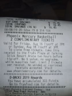 2 Phoenix Mercury basketball tickets Fry's receipt