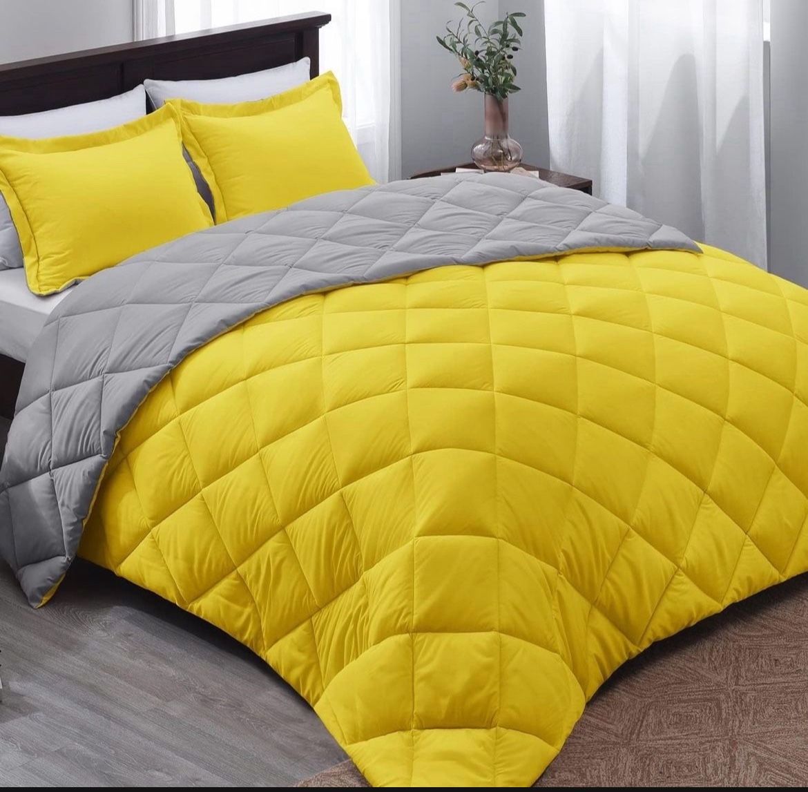 Basic Beyond Queen Comforter - Yellow and Gray Comforter Queen, Reversible Bed Comforter