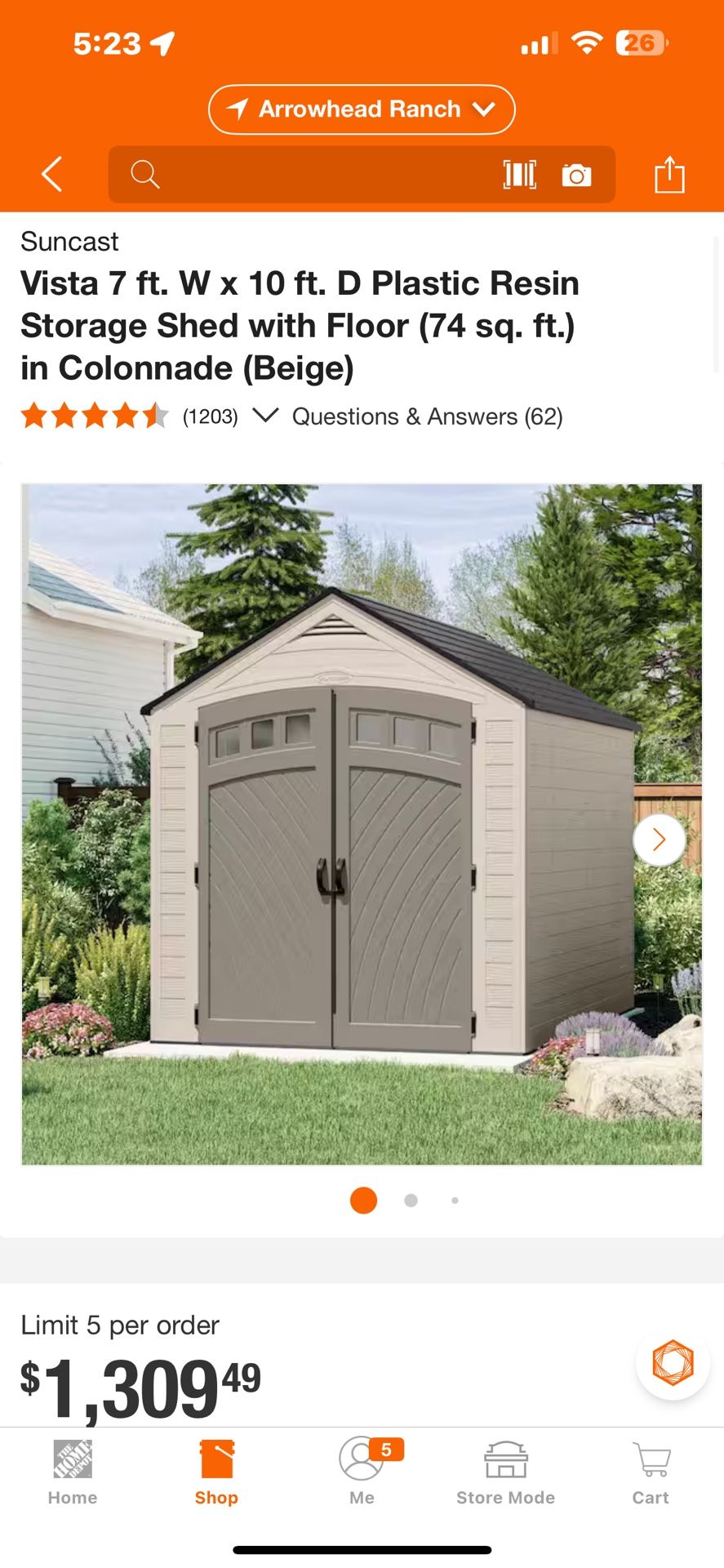 Suncast Vista 7 ft. W x 10 ft. D Plastic Resin Storage Shed with Floor (74 sq. ft.) in Colonnade (Beige)