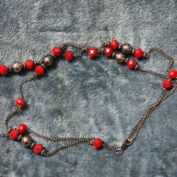 Vintage Carolee Silver Tone Red Glass Bead Station Necklace 17" Adj.