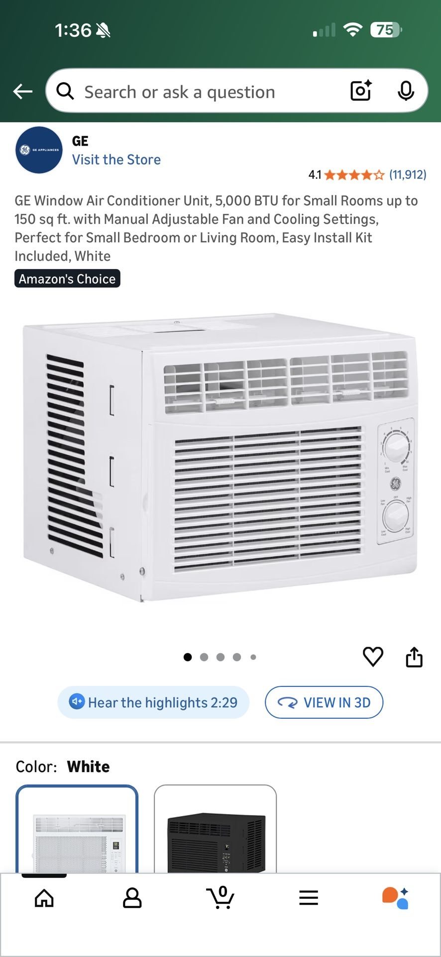 GE Window Air Conditioner Unit 5,000 BTU