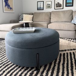 Round Navy Upholstered Storage Ottoman