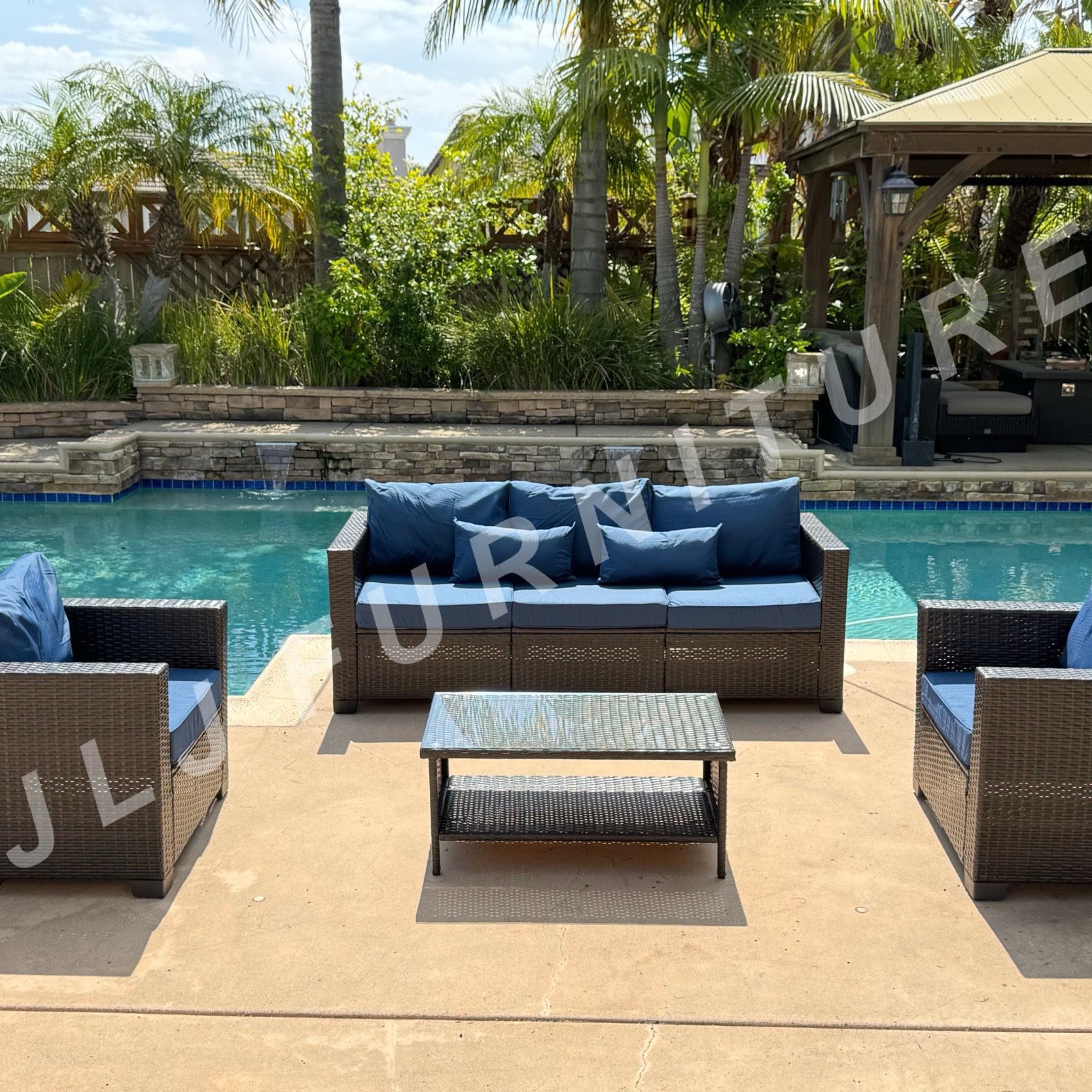 NEW🔥Outdoor Patio Furniture 4 Pc Brown Wicker Sapphire Cushions Conversation Set ASSEMBLED