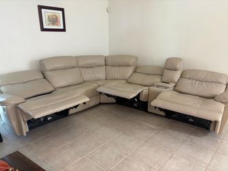 Beige Leather Reclining Sectional Sofa
