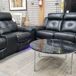 Ashley black Reclining leather gel Sofa Love with LED Lightimg