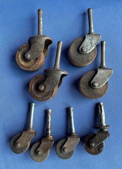VINTAGE ANTIQUE CASTERS Lot OF 8 Metal/Wood 1.5" Shafts WHEELS 1”, 1 1/8”, 1.5”