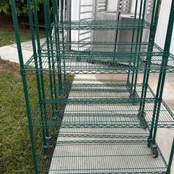 4- Green Wire Mesh Shelfs With Casters 5ftx4ftx18in