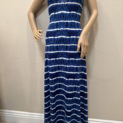 Blue White Tie Dye Stripe Stretch Tank Summer Beach Maxi Dress