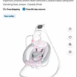 Ingenuity SimpleComfort Multi-Direction Compact Baby Swing with Vibrating Seat, Unisex - Cassidy (Pink)...NEW ...New Out of Box and Already Assembled
