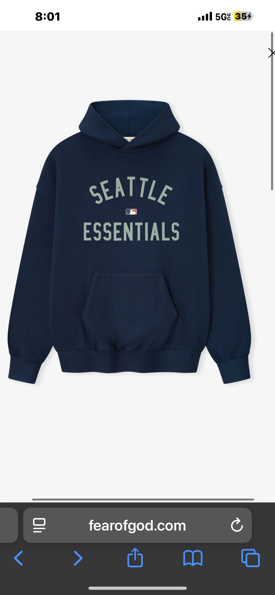 Essential Fear Of God Navy Blue Seattle Mariners Hoodie Size Medium