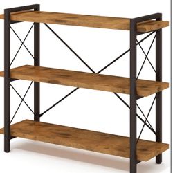 HCHQHS Bookshelf, 3-Tier Industrial Bookcase, Rustic Open Book Shelf, Wood and Metal Horizontal Bookshelves
