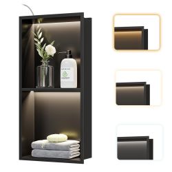 2-Tier Recessed LED Shower Niche,12"X24" Bathroom Wall Niche, with 3-Temperature LED Strip Light 4000K/6000K/3000K, Waterproof No Tile Need Stainless 