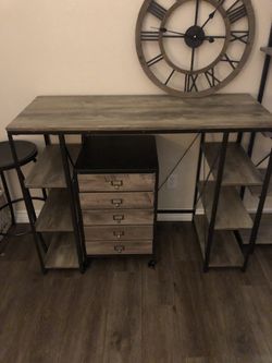 Desk, stool, Shelf, 5 drawer organizer, and clock