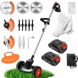 21V Electric Weed Wacker, Cordless Grass Trimmer with 2 Batteries & Charger, 3 in 1 Stringless Brush Cutter/Weed Eater/Edger/Lawn Mower with 3 Types B