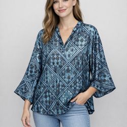 Lane Bryant Satin Popover Tunic Top Size 14 /16Blue Paisley Peasant Flare Sleeve
