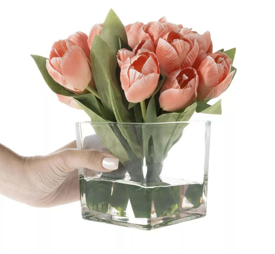 Glass Vase Artificial Tulip Floral Arrangement Centerpiece 8 x 4 x 4 Inch