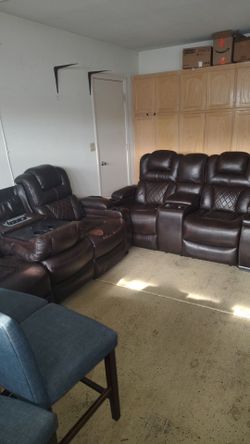 2 Pcs Brown Leather Recliner Sofer, Couch, Furniture