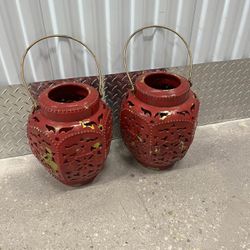 Two Red & Gold Asia motif Ceramic pots with handle.. 13 1/2”  high , 10” wide “ 5 “ opening .   