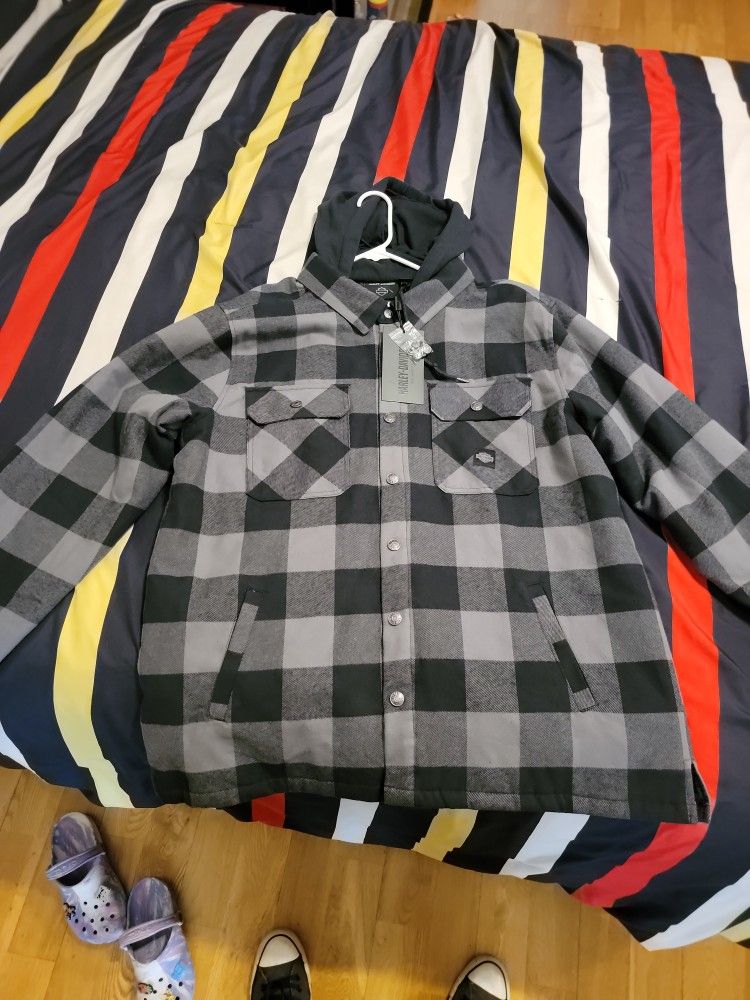 Hoodie Shirt Jacket-woven,Black Plaid