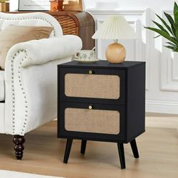 Mid Century Night Stand with 2 Drawers, Farmhouse End Table with Storage & Curved Linen Panel, Modern Nightstands Bedside Table Small Side Tables for 