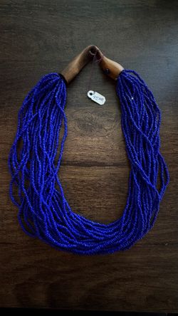 Multi-Strand Blue Seed Bead Necklace with Wood Clasp