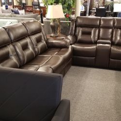 Brand New Brown Soft Gel Leather Manual Reclining Sofa + Loveaeat With Cup Holders