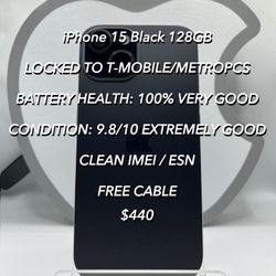 iPhone 15 Black 128GB T-MOBILE/METRO LOCKED Used Like New Authentic