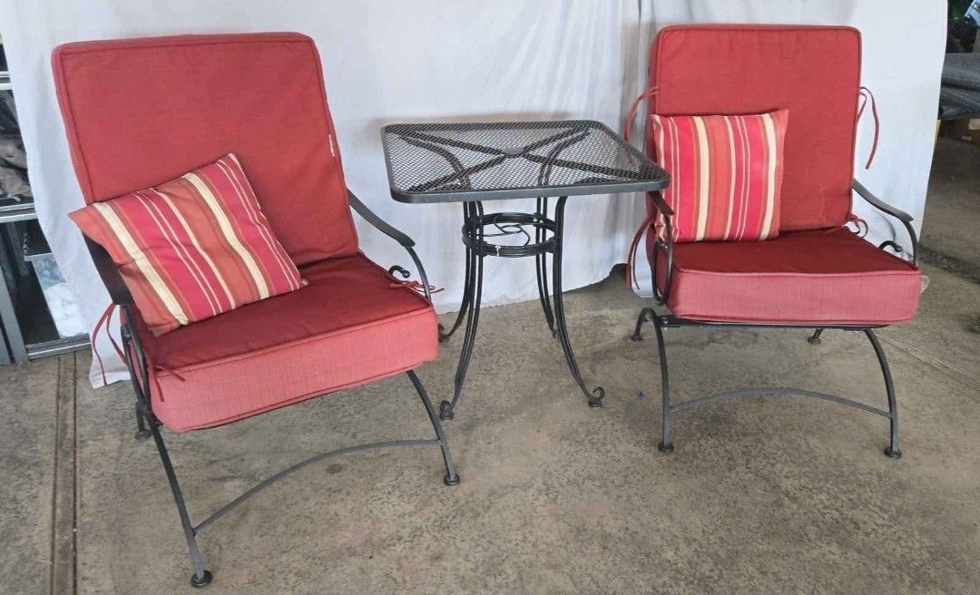 2 Wide Outdoor Rocking Wrought Iron Chairs & Table