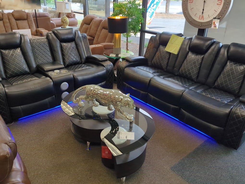 BLACK RECLINING SOFA AND LOVESEAT SET NEW 