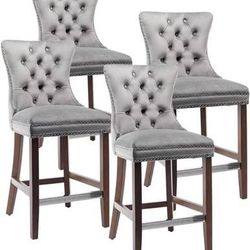 Virabit Set of 4 Velvet Bar Stools with 27 Inch Wing Back with Back Button and Nail Head Trim, Upholstered Bar Chairs with Wooden Legs, for Kitchen
