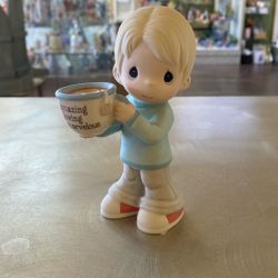 Precious Moments Boy Holding Mug With MOM Acronym Figurine