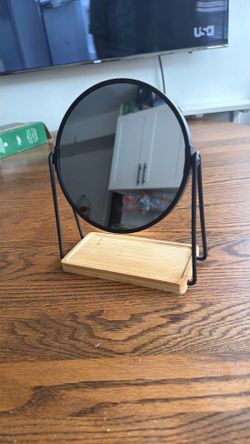 Free Standing Mirror Circular Black Metal Frame on a Bamboo Wood Base