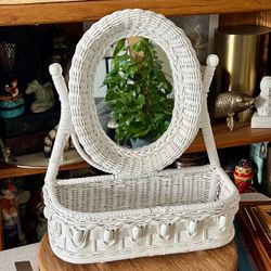 Vintage White Wicker Vanity Mirror with Basket