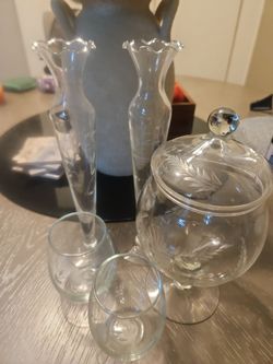Etched Glass Vases and Lidded Candy Dish Set