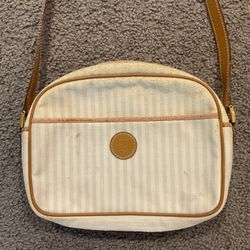 Vintage Fendi Logo White Canvas Leather Crossbody Tote Bag Purse