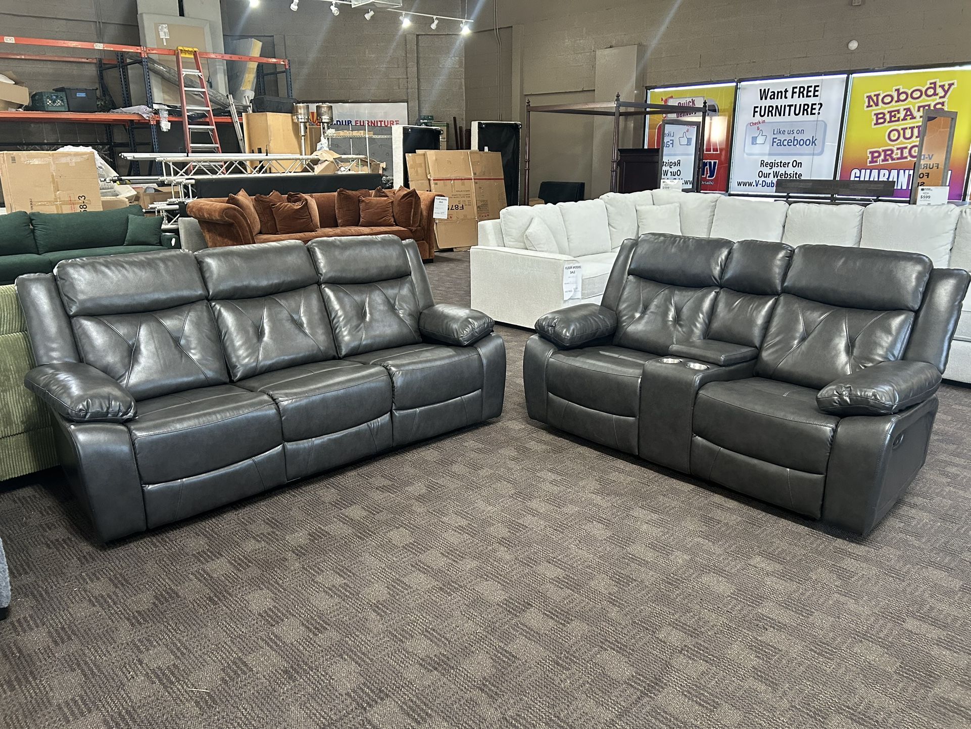 Gray Leather Reclining Sofa Set 