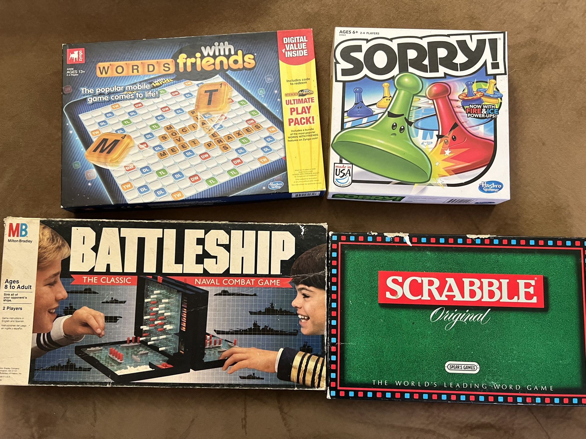 Board Game Lot - Sorry, Battleship, Scrabble & Words With Friends- Lot of 4.