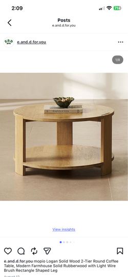 mopio Logan Solid Wood 2-Tier Round Coffee Table, Modern Farmhouse Solid Rubberwood with Light Wire Brush Rectangle Shaped Leg
