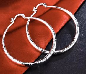 LARGE 925 Sterling Silver STAMPED diamond cut classic round hoop earrings 2.5”