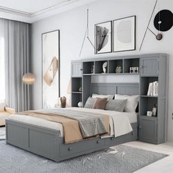 Iagulli Bookcase Bed with All In One Cabinet and Shelf, Four Drawers Under Bed