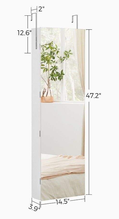 47.2" H Full Screen Mirror Jewelry Cabinet Armoire, 6 LEDs Jewelry Organizer Wall Hanging/Door Mounted, Larger Capacity, for Women, Pure White