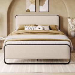 Full Size Metal Bed Frame with Soft Fabric Upholstered Headboard