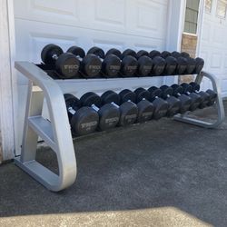 TKO Commercial Round Rubber Dumbbells 35-80 Complete Set Of 10 Pairs With Precor Commercial Rack - Excellent Condition
