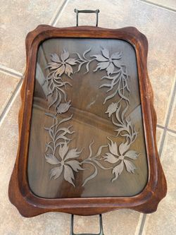 Antique Art Nouveau Wood and Glass Serving Tray