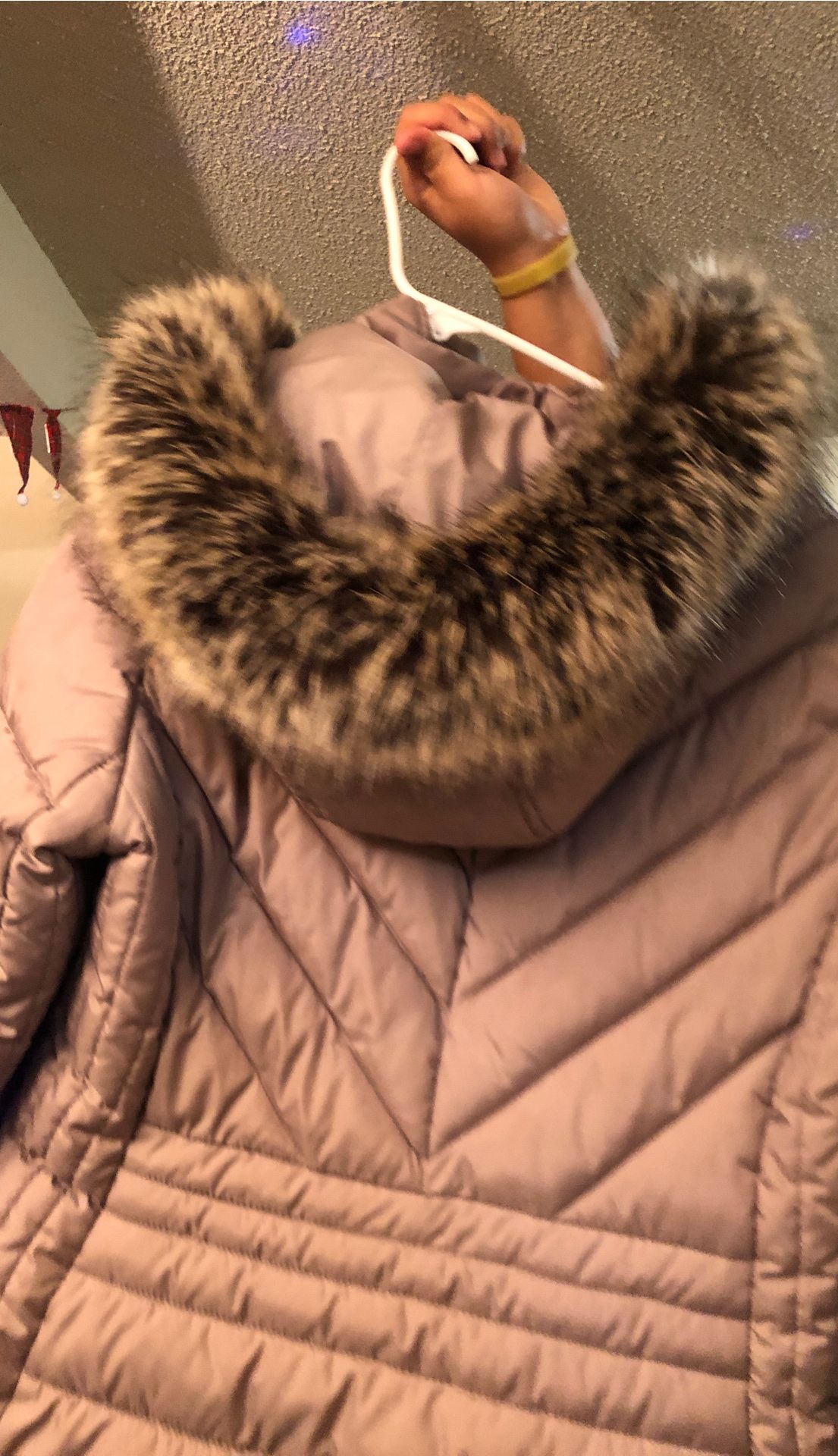 Coat with fur hood. Perfect condition