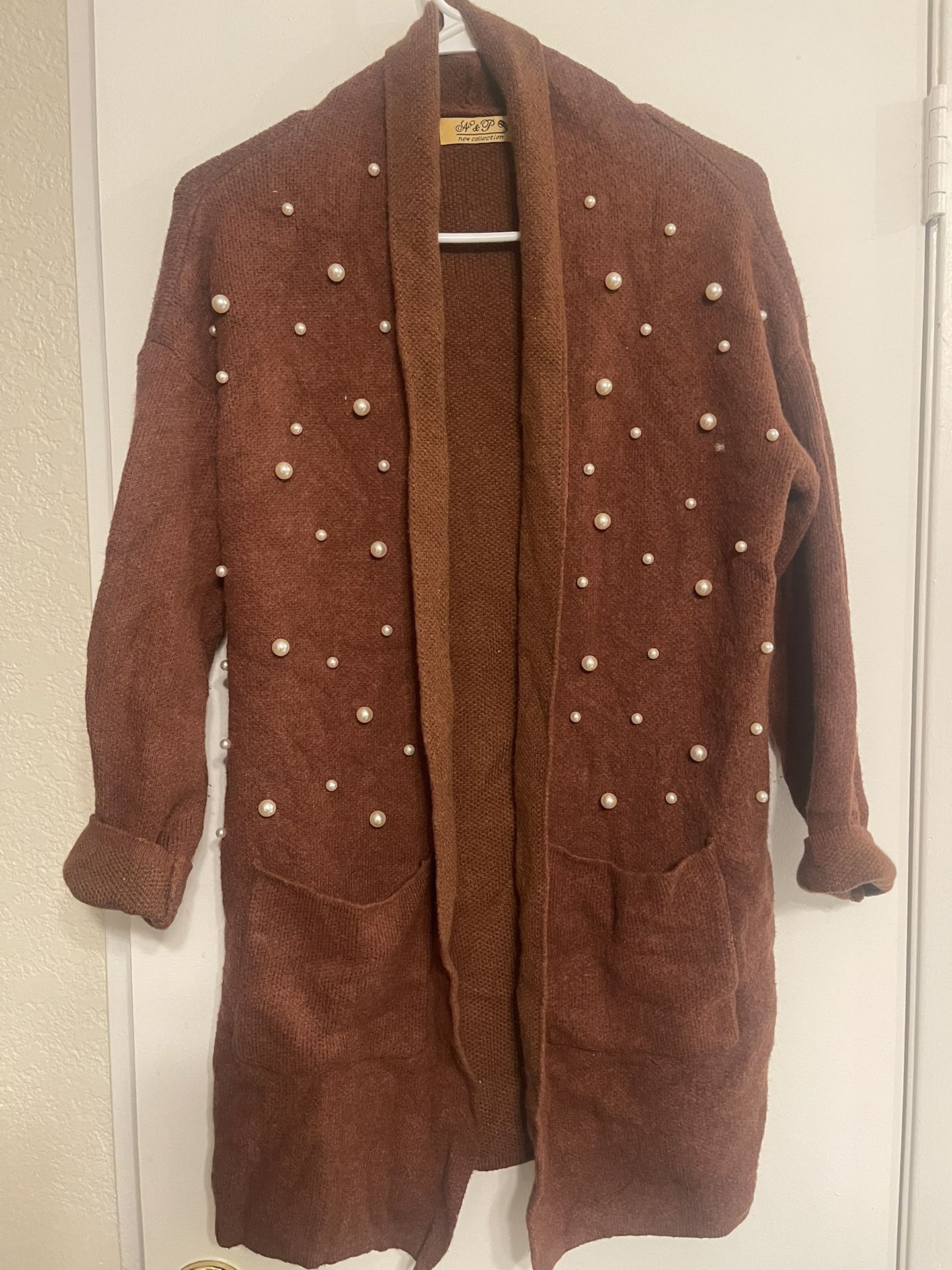 brown cardigan sweater with pearls size M/L  