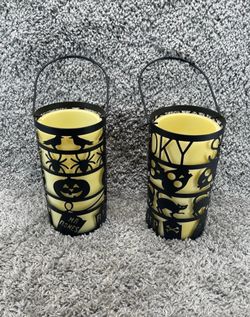 Halloween Theme Decorative Flameless Candle Lanterns Black Metal Cutouts 2pk