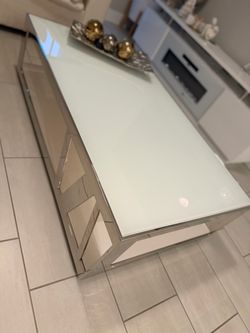 Modern White Glass Top Coffee Table with Chrome Mirrored Frame