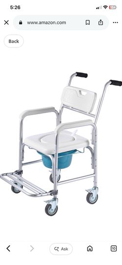 Bedside Commode Chair with Wheels, 350 lbs Capacity, 4-in-1 Portable Toilet and Raised Toilet Seat with Padded Seat/Backrest/Flip-up Footrest, Detacha